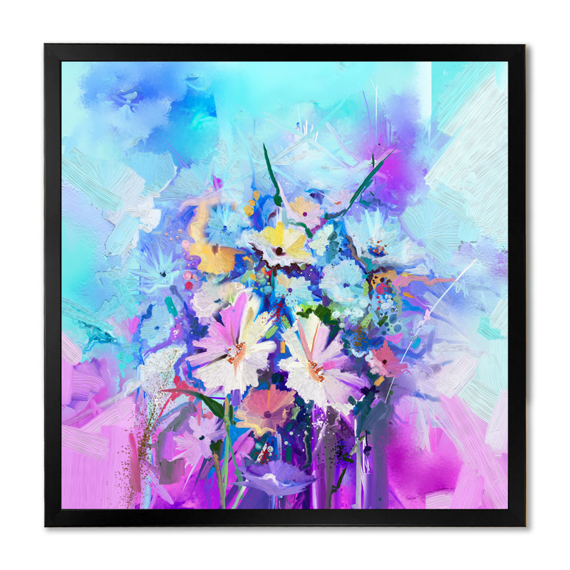 Turquoise, mauve, grunge, huile sur toile II, reproduction d'art sur toile, Cadre noir, H 16 po x l 16 po x P 1 po