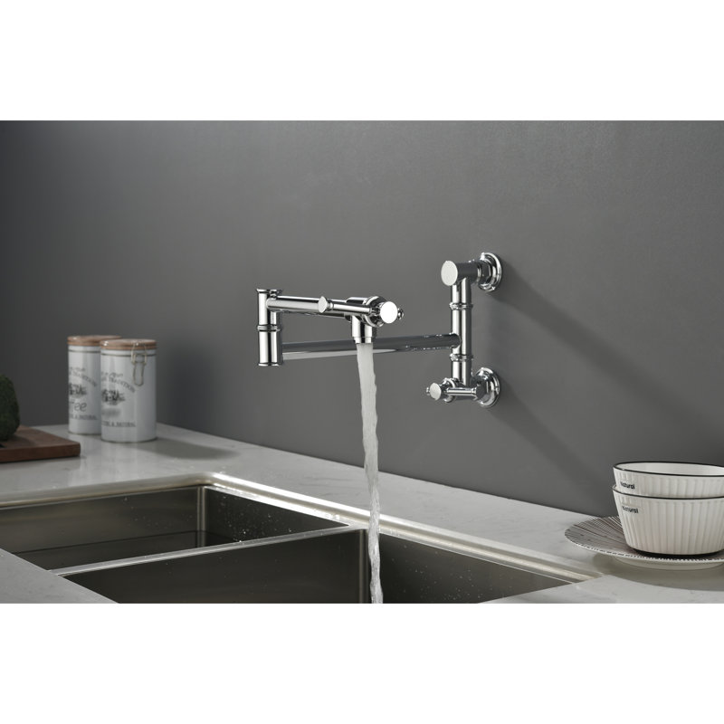 Wall Mount Pot Filler Faucet - Brass, Foldable Arm Design, Precise Water Discharge, Corrosion For Mounted Double Handles, Quiet Stream, Fingerprint-