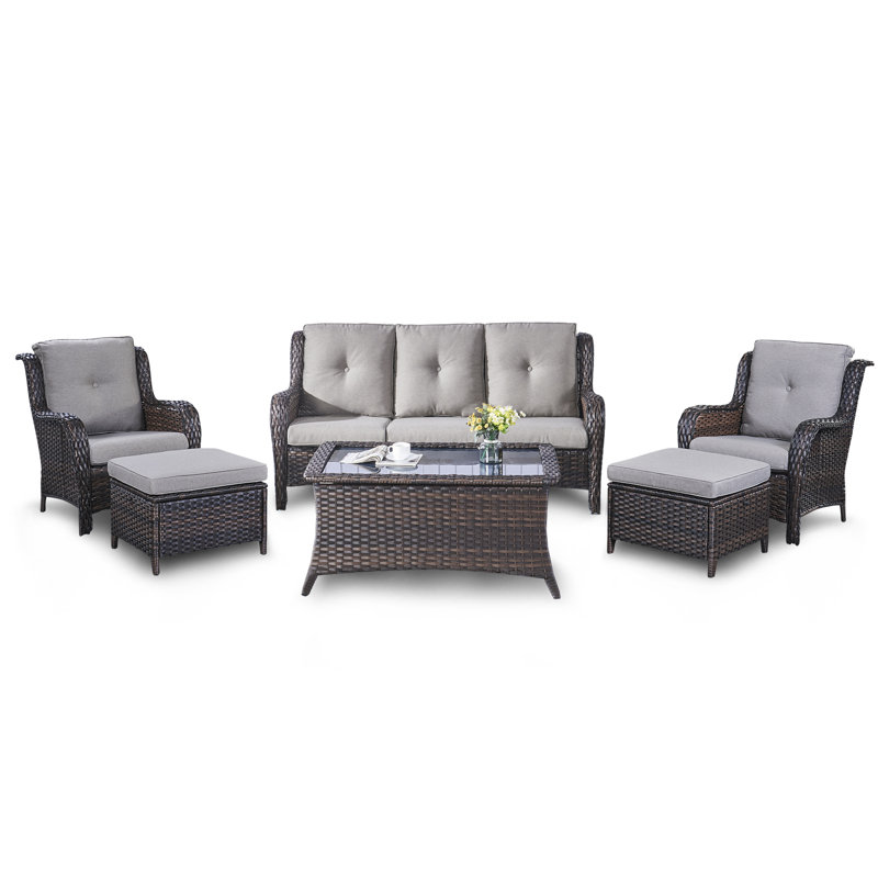 Bonia Wicker 5 - Person Patio Conversation Set with Cushions, Brown Frame/Gray Cushion