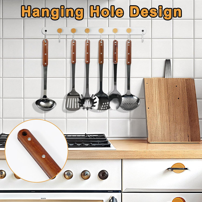 Ensemble d'ustensiles de cuisine 6 pièces en acier inoxydable poli miroir avec poignée en bois Ensemble d'ustensiles de cuisine résistant à la chaleur