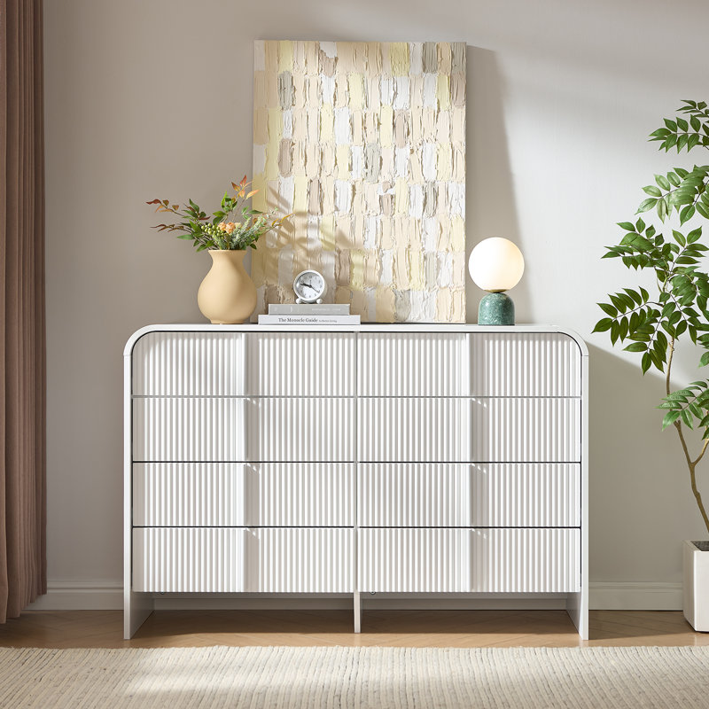 Commode double l 47,2 po avec 8 tiroirs, organisateur de rangement moderne, conception à profil courbé, Blanc