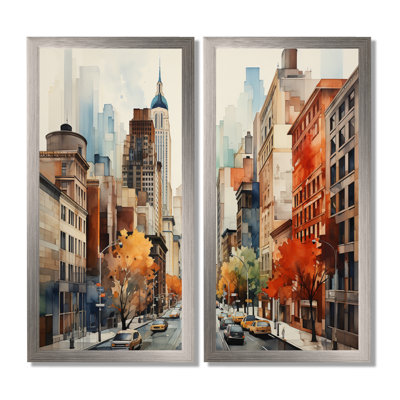 «Autumn New York City Breeze», art sur toile orange, ensemble de 2 paysages urbains orange