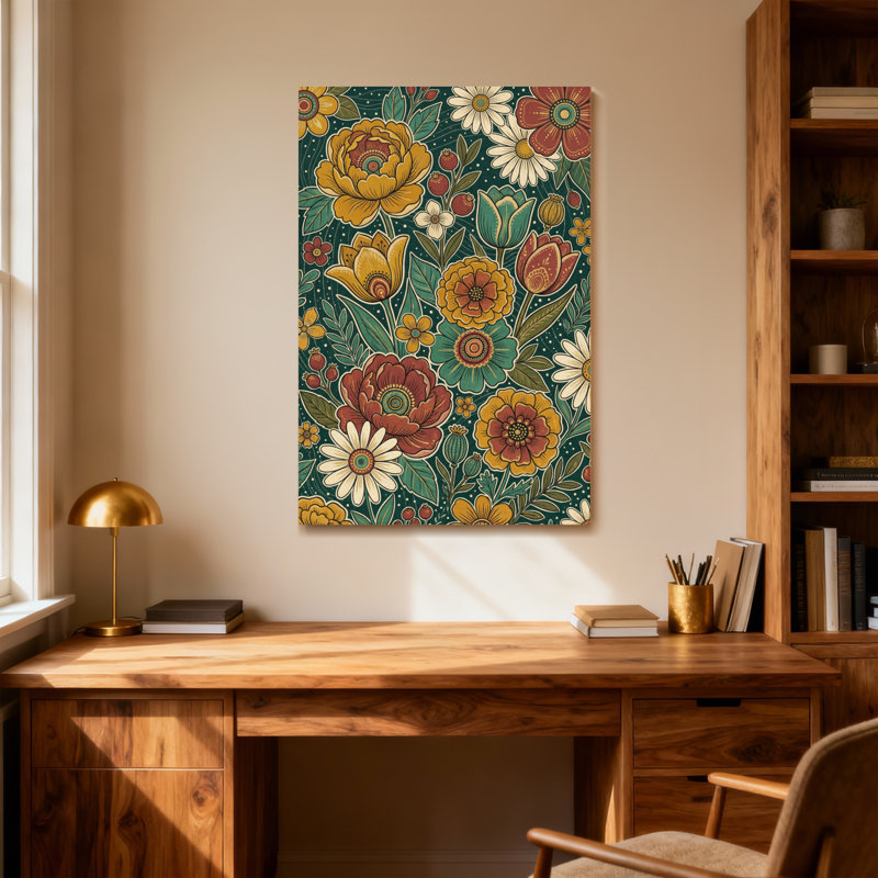Motif floral de plantes et de fleurs aux couleurs vives et aux feuilles, H 18 po x l 12 po
