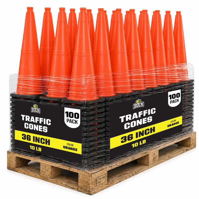 Cônes de signalisation orange Boen 36 po, paquet de 100, cônes de sécurité haute visibilité avec base de 4,5 kg pour le stationnement, les travaux et la signalisation routière.