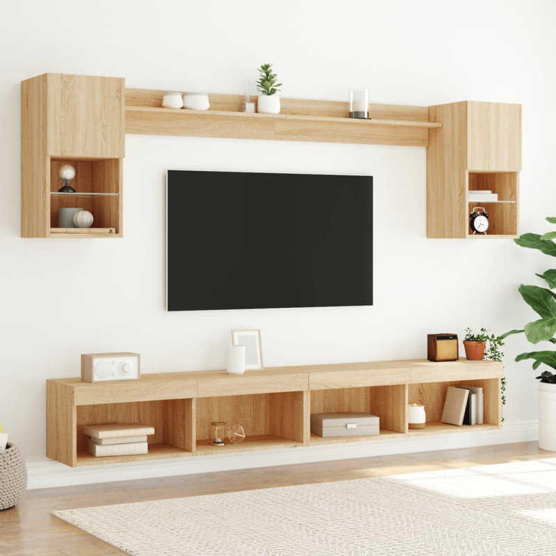  6 Piece TV Wall Units With LED Engineered Wood, Sonoma Oak