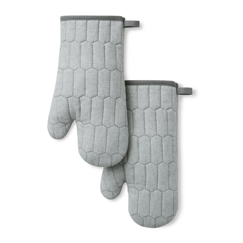 MARTHA STEWART Honeycomb Quilted Chambray Oven Mitt 2-Pack Set  7"x13", Gray