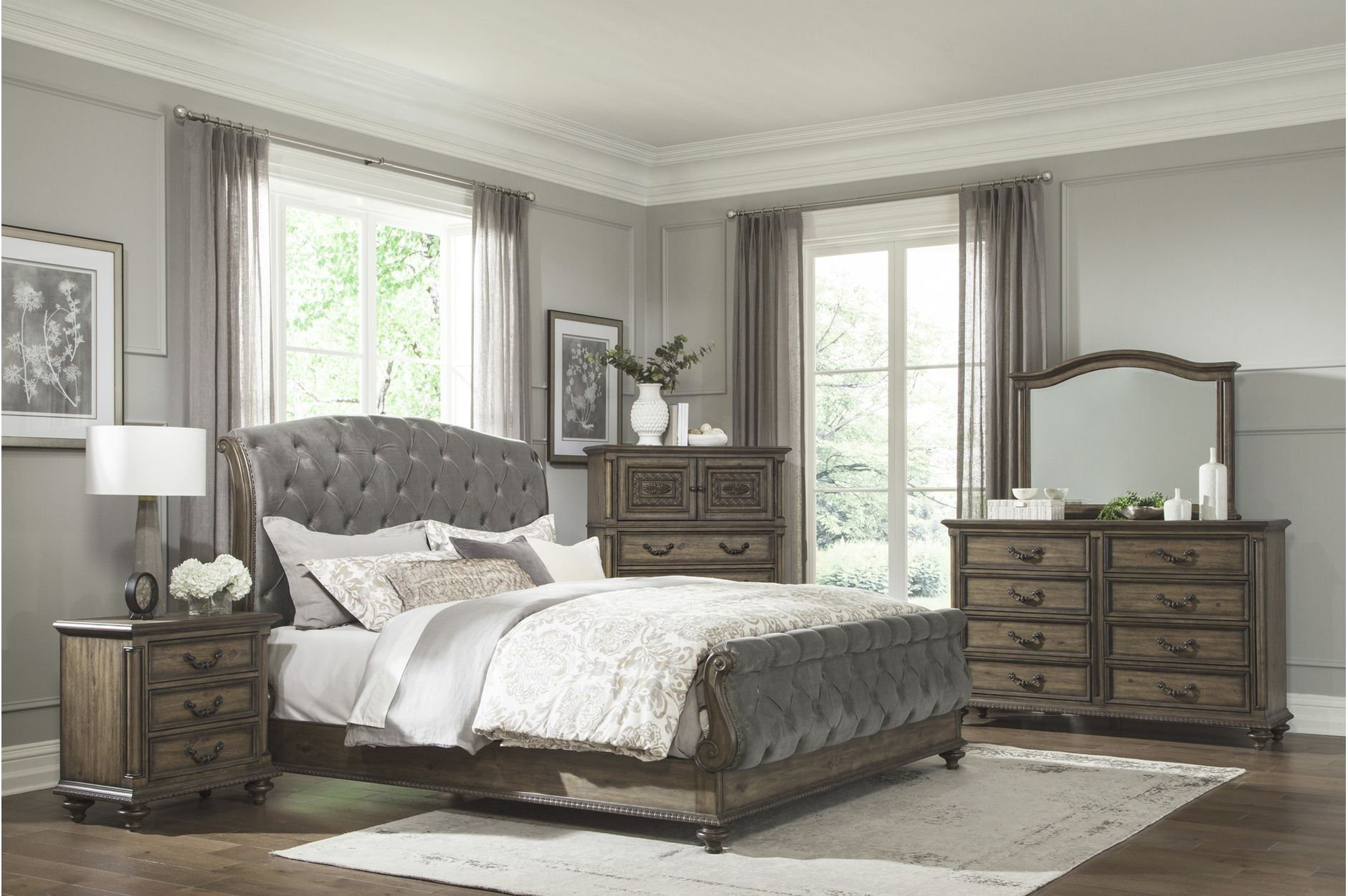 Canora Grey Gardner Gray Velvet Upholstered Sleigh Bedroom Set 3&3 ...