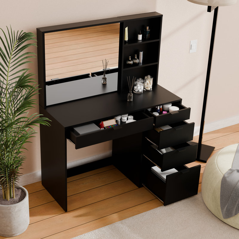 Johnfrancis Modern Vanity Table with Mirror & Drawers, 53.5"W Makeup Desk, Black