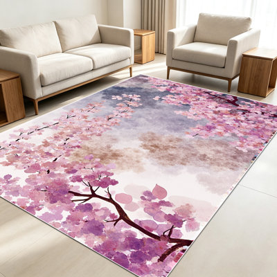 Tapis de style cerisier en fleur de 1 pièce pour le salon, doux et confortable, adapté à toutes les saisons, facile à entretenir, tapis de sol intérieur lavable à la machine, sous la table de ferme convenant à la chambre à coucher, à la salle à manger, au balcon, au patio, au couloir, à la maison
