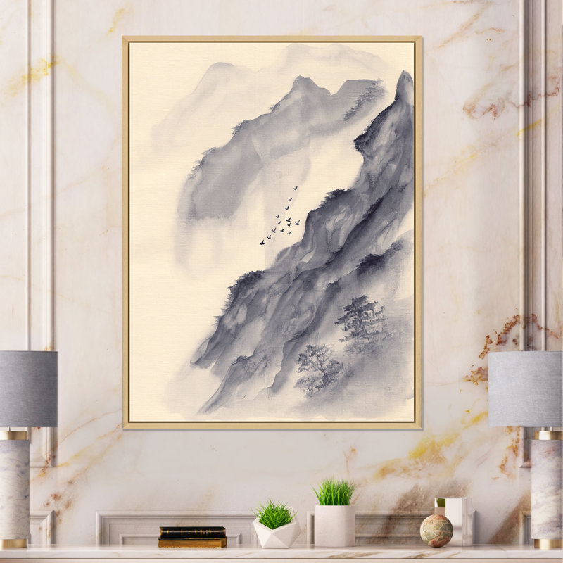 Montagnes asiatiques grises avec oiseaux - Peinture sur toile, H 32 po x l 16 po, Toile avec cadre en érable