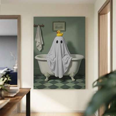 Ghost in the Bathtub Whimsical Surreal Oil Canvas Wall Art, 24" x 36" Gallery Wrapped Canvas Print, White & Blue Silly Spook Wall Decor for Bathroom, Living Room & Hallway