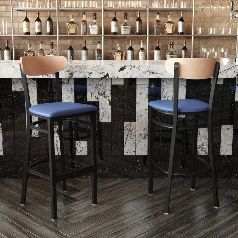 Everlena Commercial Metal Barstool with Wood Seat and Boomerang Back, Natural Birch, Blue