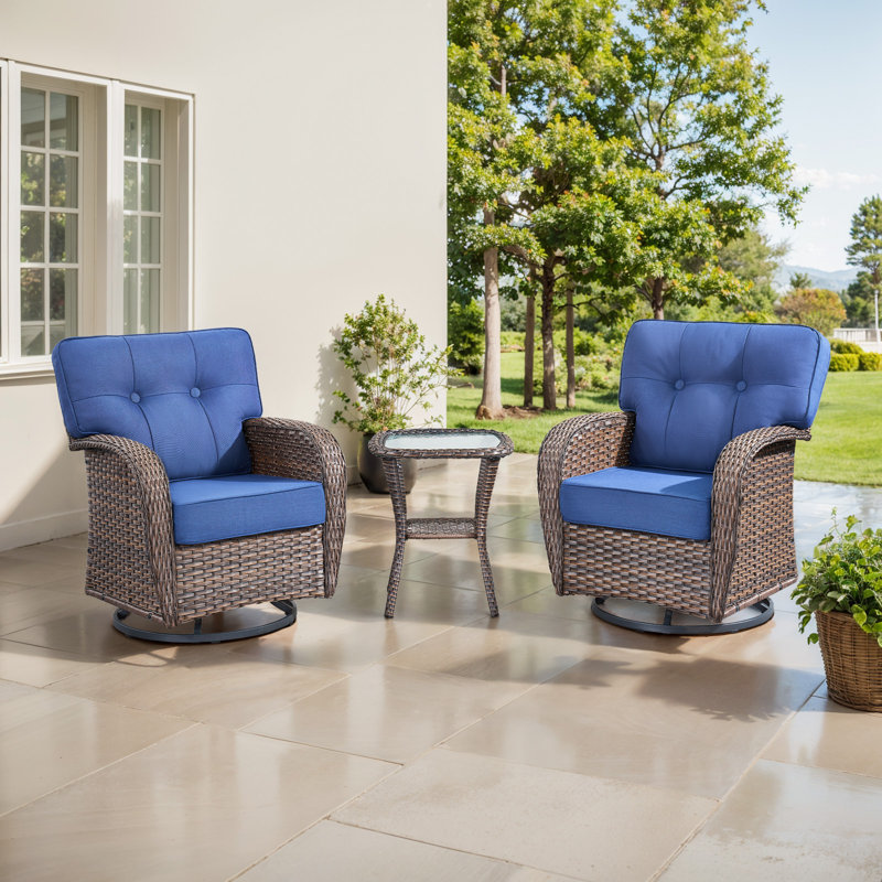 Ensemble de chaises berçantes pivotantes 3 pièces avec coussins de dossier en T et table d'appoint Agnes, Bleu