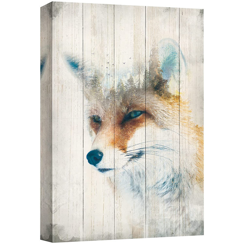 IDÉE4WALL, reproduction d'art sur toile, double exposition, renard et pins, animaux, nature sauvage, technique mixte, art moderne, portrait rustique, chaleureux pour le salon, la chambre à coucher, le bureau
