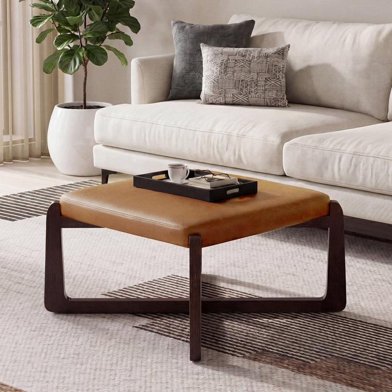 24" Wide Faux Leather Upholstered Square Ottoman, Yellow