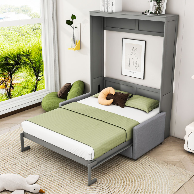 Lit escamotable mural en bois avec canapé, Double, gris