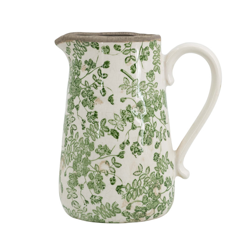 Ceramic White Pitcher Vase With Green Floral Pattern
