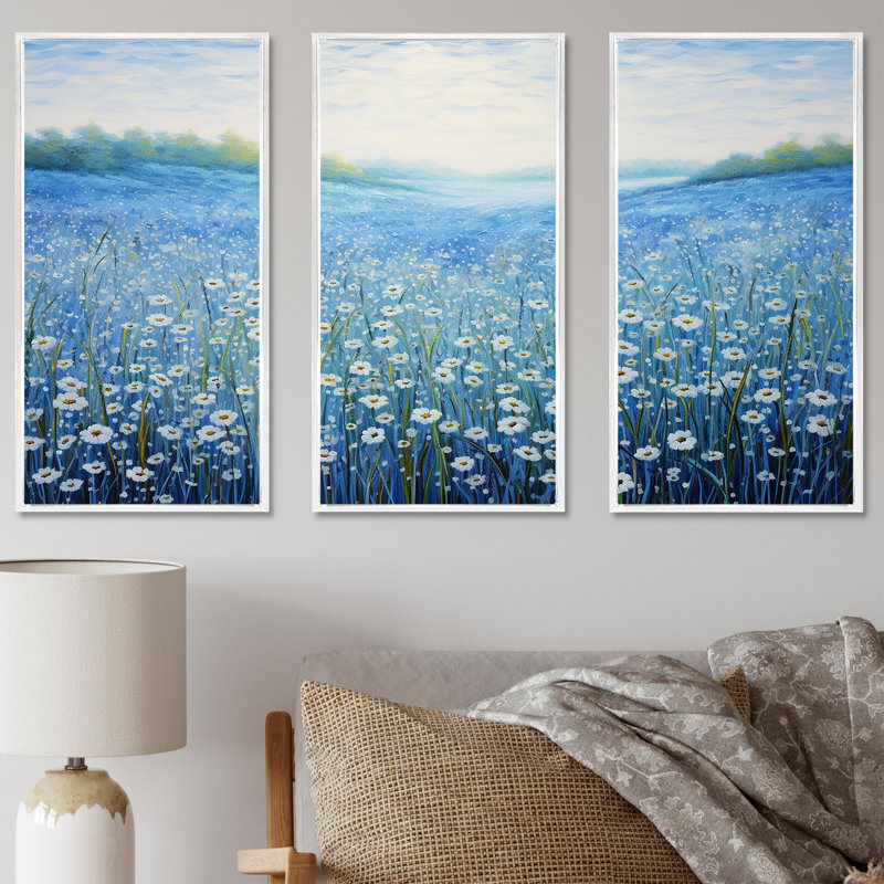 Seren azur fleurs champ - ensemble d'art mural fleur, H 40 po x l 60 po x P 1 po, Cadre flottant blanc