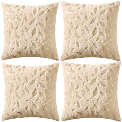 Set Of 4 Throw Gold stamp feather design faux fur Cushion (INSERT INCLUDED)