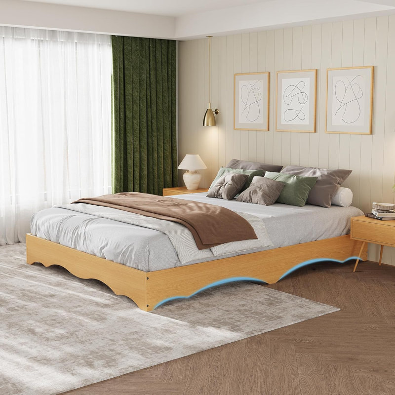 Structure de lit double en bois ondulé pleine grandeur, profil bas, lattes robustes, pin, Yellow, Full / Double