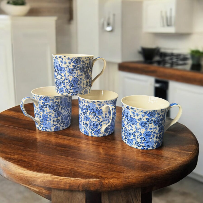 Reactive Glaze Ceramic Coffee Mug Set of 4 with Floral Design Pattern