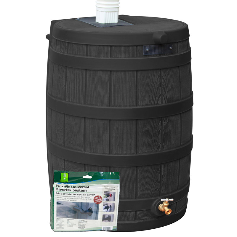 Good Ideas Plastic Drainable Dual Overflow Rain Barrel, Black