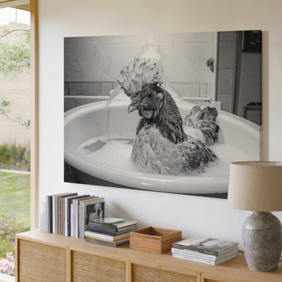 Canvas Wall Art A Black And White Image Of A Chicken Sitting In A Sink Splashing Water Around As It Premium Quality Ready To Hang Modern