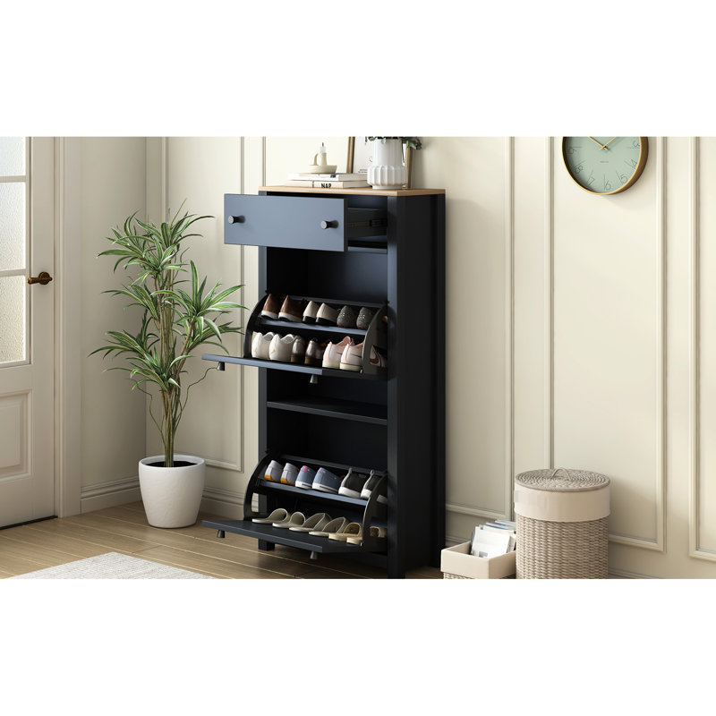 Armoire de rangement fonctionnelle pour chaussures avec 3 tiroirs et couloir à finition en grain de bois, Noir