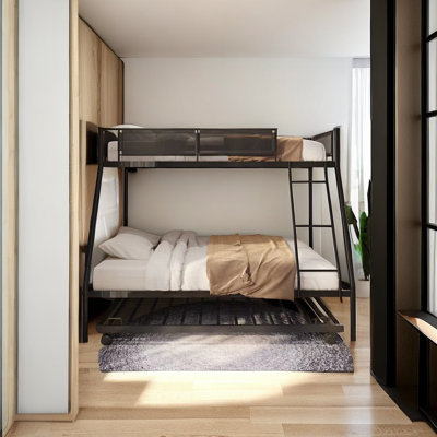 Twin Over Full Metal Bunk Bed With Trundle/ Sturdy Metal Bed Frame/ Noise-Free Wood Slats/ Comfortable PVC-coated polyester Guardrail/ Space-Saving Trundle/ Bunk Bed For Three/ No Box Spring Needed