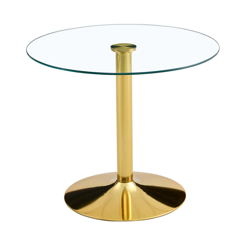 A glass tabletop with a modern minimalist circular dining table, 29.5" H x 35" L x 35" W, Gold