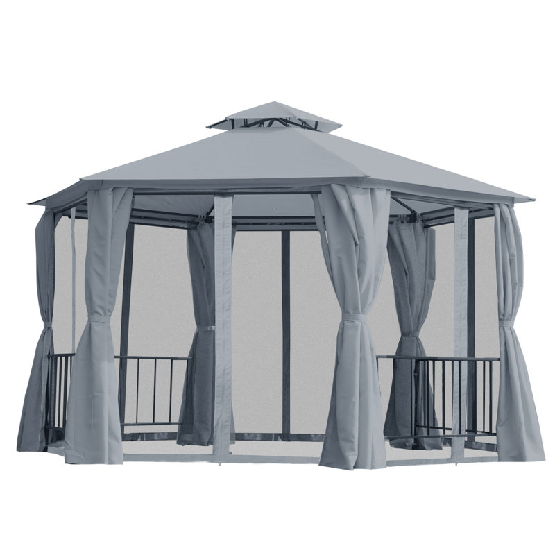 Patio Gazebo, Double Roof Hexagon Outdoor Gazebo Canopy Shelterwith Netting & Curtains, Solid Steel Frame for Garden, Lawn, Backyard and Deck
