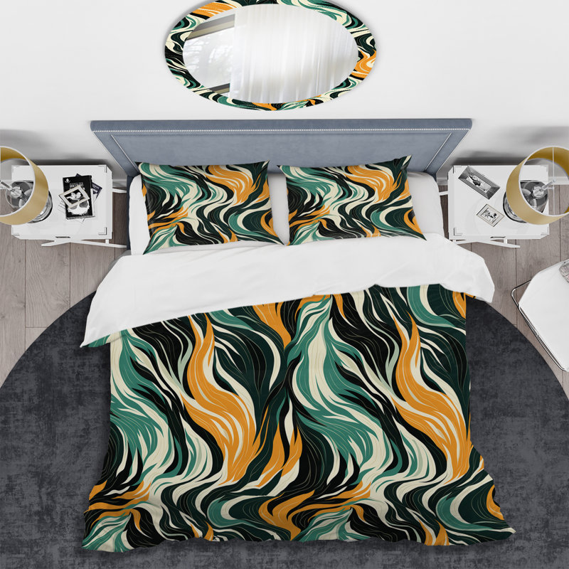 Ensemble de housse de couette Jungle Majesty en orange et vert I, Housse de couette pour grand lit et 2 taies décor