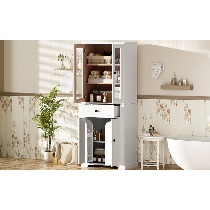 Tall Bathroom Storage Unit With Tempered Glass, Adjustable Shelves, Drawer, Soft-close Doors & Elegant Modern Style 67.2" Cabinet Design Multi-level Flexibility