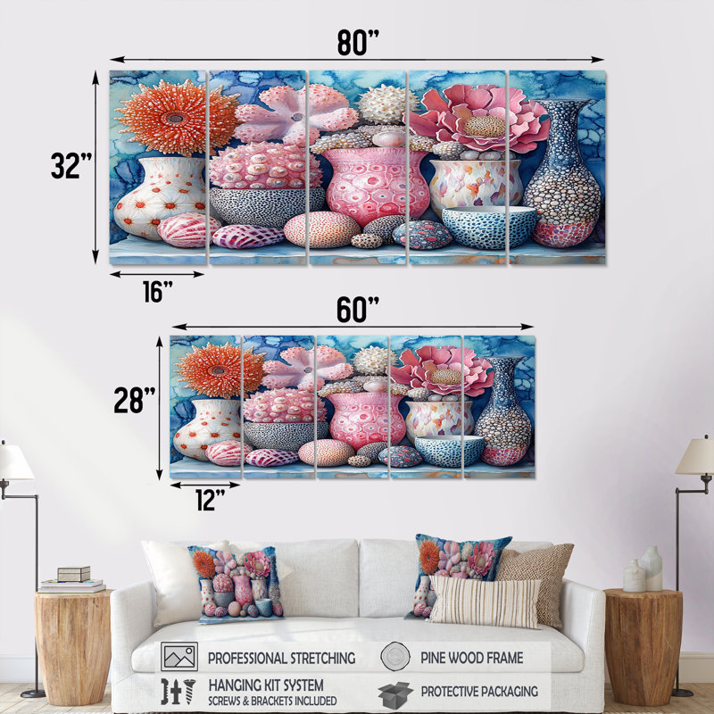 Bord de mer rose et poterie rose - ensemble de décoration murale de poterie de plage, H 28 po x l 60 po