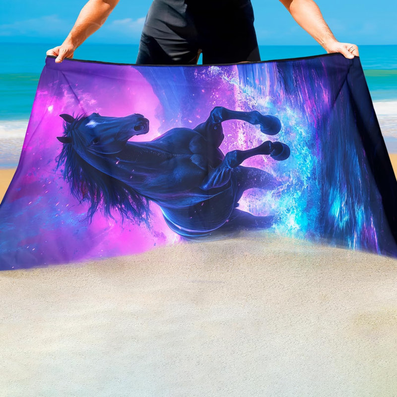 Serviette de plage noire surdimensionnée 32 po x 63 po, imprimé animal galaxie néon, serviettes en microfibre légère à séchage rapide sans sable pour le camping de plage