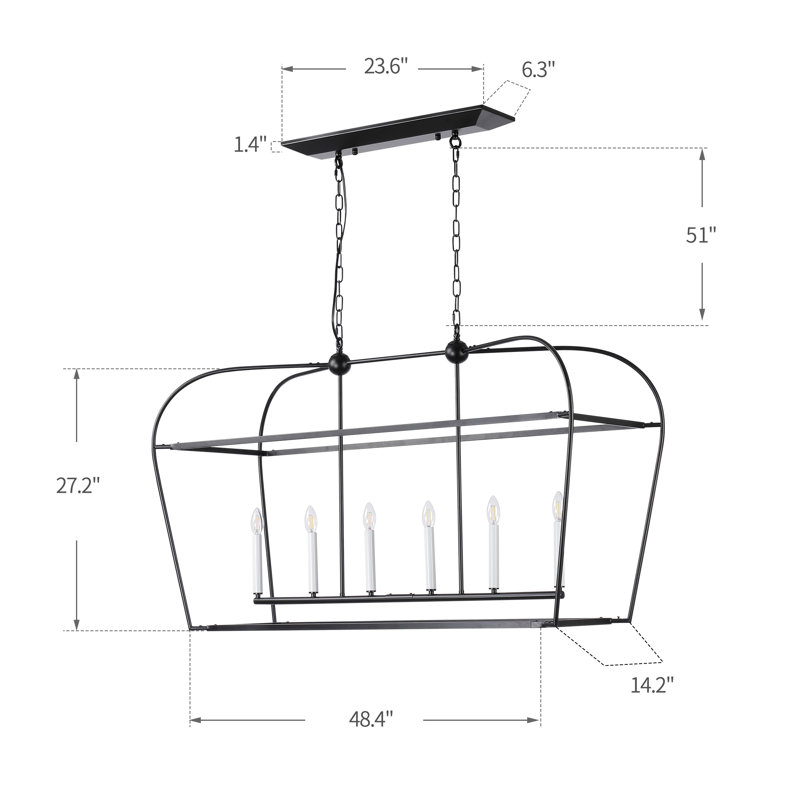 Jesli 6 - Light Farmhouse Large Linear Lantern Open Frame Chandelier, Satin Black