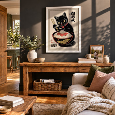 Beckoning Noodle Cat Japandi - Framed Print