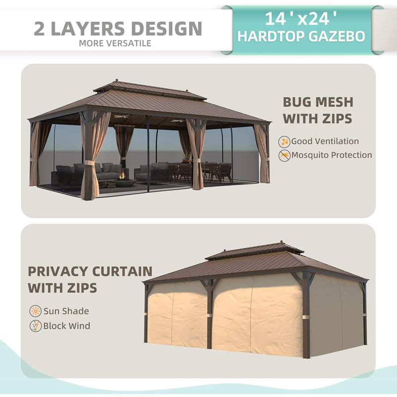 14' X 24' Hardtop Gazebo, Galvanized Steel Double Roof, Aluminum Frame With Curtain & Netting
