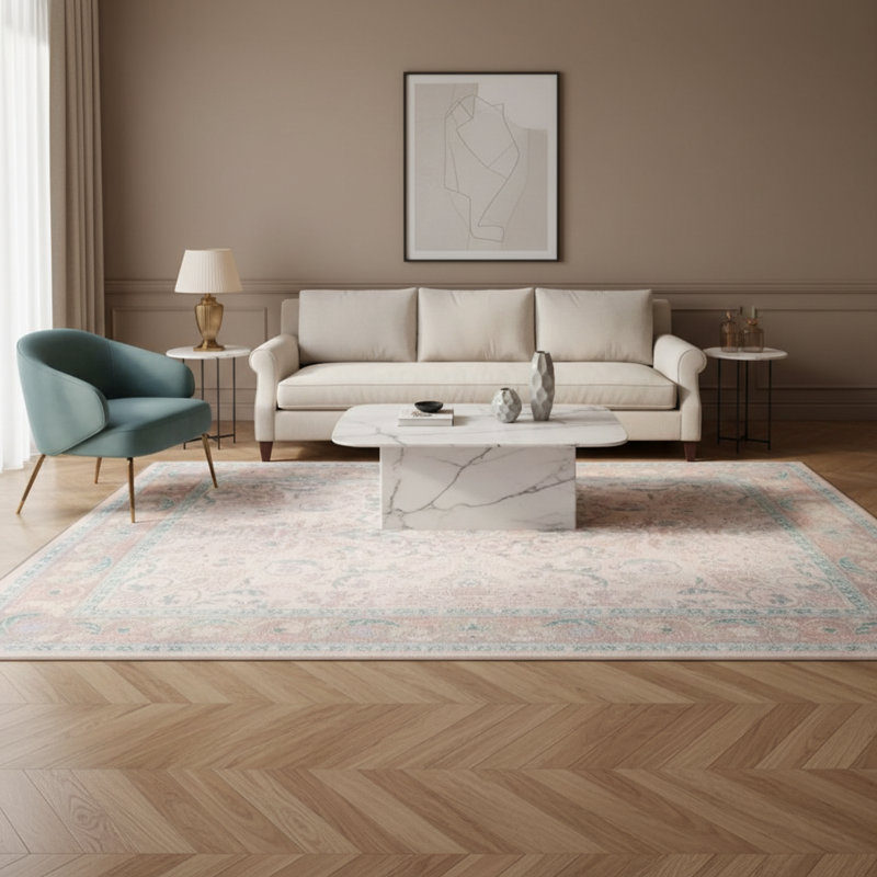 Tapis décoratif moderne rose clair à motif lavable, Tapis de couloir 2 pi 6 po x 9 pi 11 po