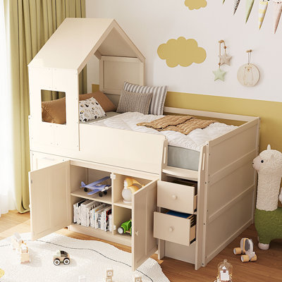 Lit mezzanine simple en bois avec bureau, tiroirs et armoires, lit mezzanine multifonctionnel durable pour enfants - beige