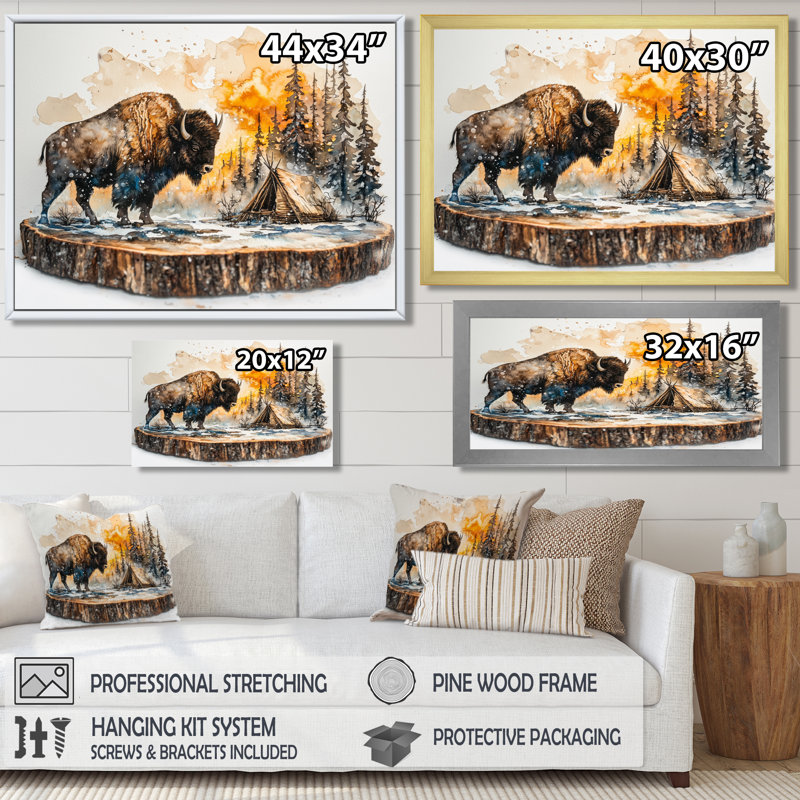 Bison in Winter Forest Landscape I - Bison, art mural, Argent argent, Cadre simple, H 24 po x l 32 po