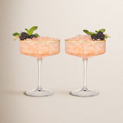Viski Meridian Vintage Coupe Glasses, Art Deco Champagne Coupe Glassware, Gold Rimmed Stemmed Drinkware