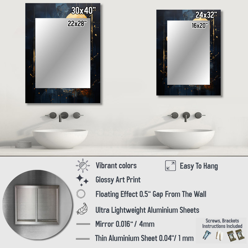 Moon Blue And Gold Cerulean Cresent Dreams - Moon Mirror, Blue Unique Wall Mirror, Printed Metal Art, 32" x 24"