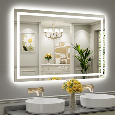 Miroir de salle de bain à DEL avec lumières, rétroéclairé et éclairé à l'avant, miroirs muraux éclairés pour meuble-lavabo, écran tactile à intensité variable, antibuée, fonction mémoire, verre trempé HD, incassable, homologué ETL