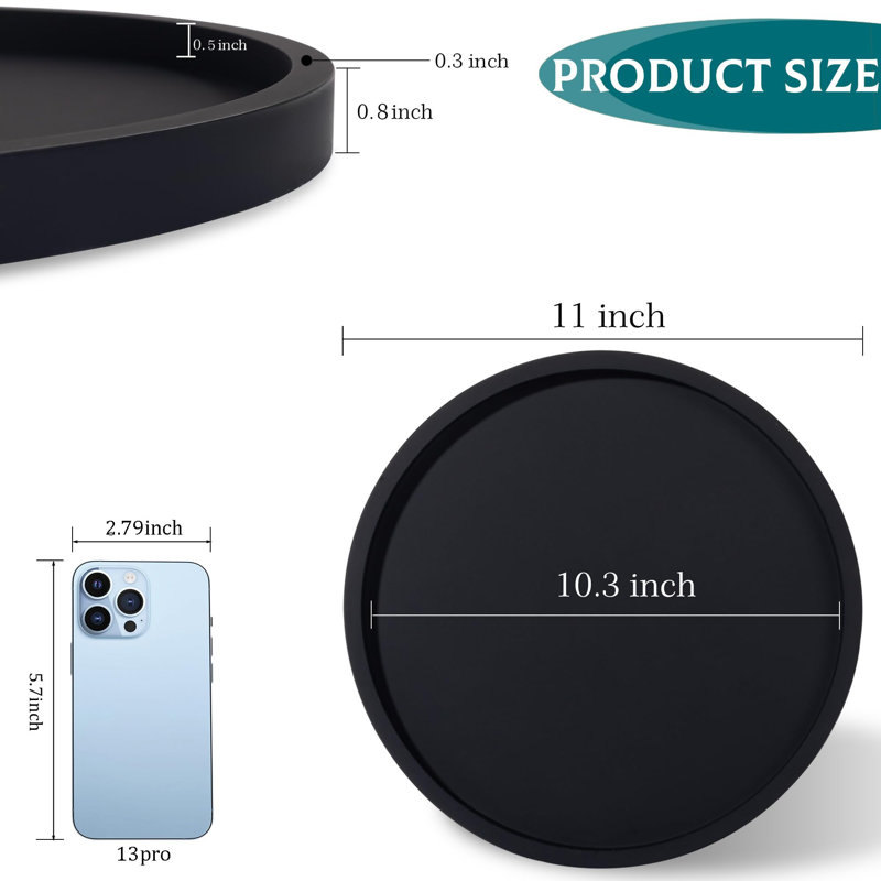 Plateau de salle de bain en silicone Plateau de meuble-lavabo rond Porte-savon décoratif Organisateur de comptoir de cuisine pour table basse, bougie, parfum, plante, 11 po, noir
