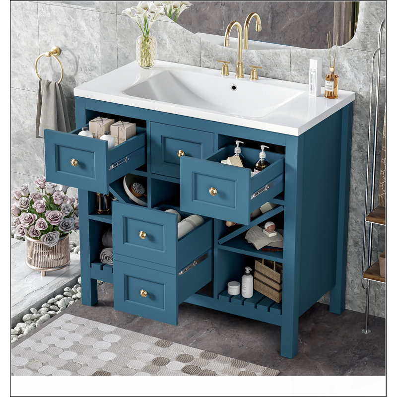 Ensemble de meuble-lavabo 36 po avec lavabo en résine, armoire de rangement en bois massif, ensemble de meuble-lavabo autoportant avec 5 tiroirs et portes à fermeture douce (Identique à N710S136001C)