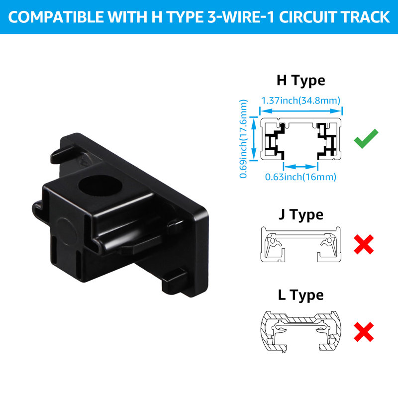 H Track End Cap, H Type Single Circuit 3-Wire Track Lighting End Stop, Black