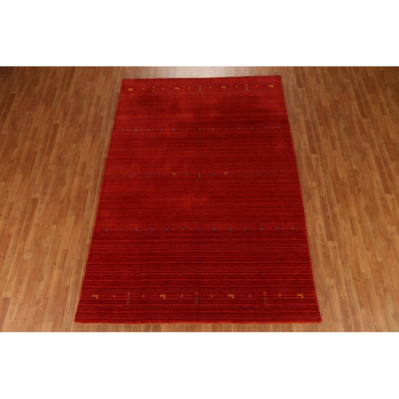 Tapis rouge en laine noué à la main de conception unique 6 pi 8 po x 9 pi 7 po New Age