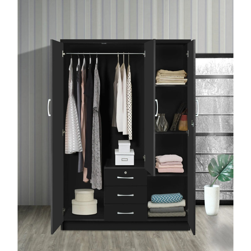 Garde-robe 3 portes / 3 tiroirs avec miroir, Noir