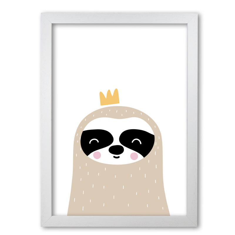 Scandi Sloth With Crown - Print, White Grain Frame, 42 cm H x 30 cm W x 5 cm D